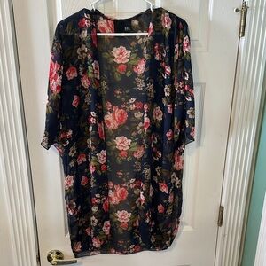 Kaii Sheer Floral Chiffon Kimono Cardigan Open Front & 3/4 Sleeves  Size XL